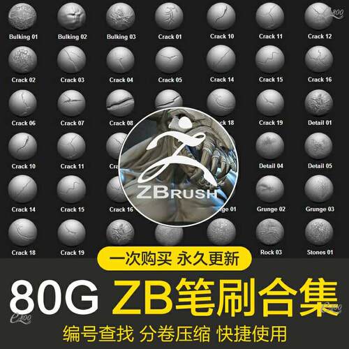 Zbrush笔刷80G合集常用zb材质服饰皮肤布料装饰类建筑岩石素材