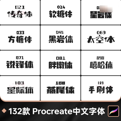 Procreate简体中文字体PS常用字体包可爱卡通毛笔创意字库安装包