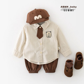 儿童宝宝长袖 男童纯棉条纹衬衫 领带卡通上衣 新款 婴儿衣服2025秋季