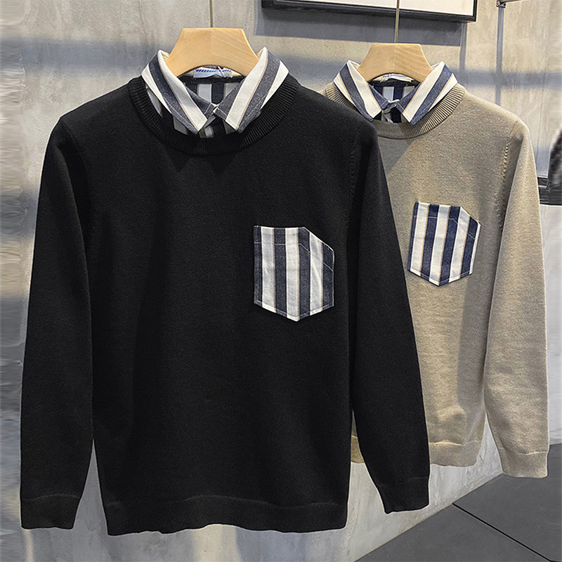 假两件毛衣男衬衫领新款潮流长袖针织衫春秋装韩版修身外套上衣服