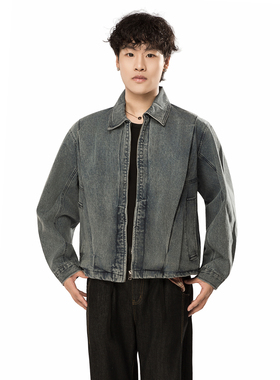 Simple R【工装夹克】日系复古水洗做旧分割线拼接牛仔男女外套