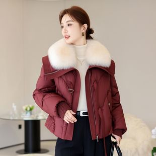 品牌羽绒服冬季短款可拆卸大毛领高贵外套女高级红色白鸭绒外穿