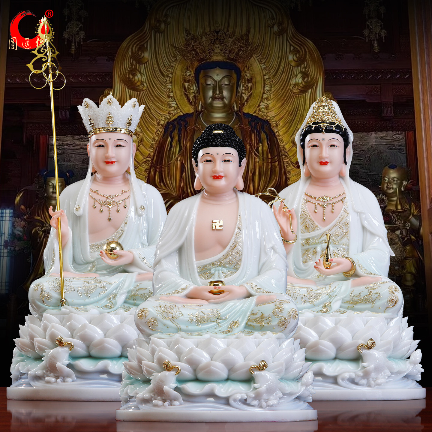 汉白玉观音菩萨家用坐莲观音佛像汉白玉娑婆像三圣观世音像全佛堂