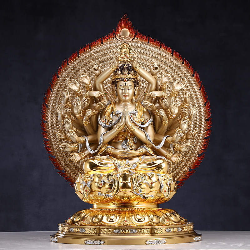 台湾黄铜贴金镶宝千手观音菩萨供奉佛像千手千眼观世音像家用摆件