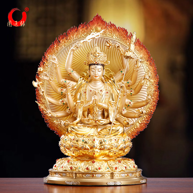 台湾铜准提菩萨家用供奉摆件寺庙佛堂准提佛母准提准胝观音十八臂