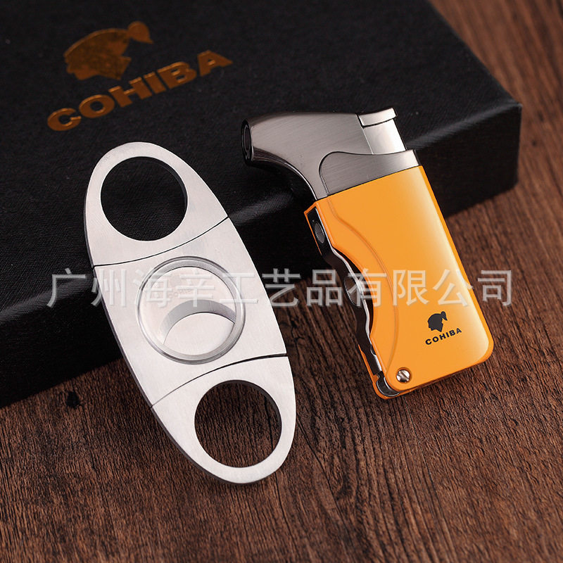 雪茄剪打火机套装防风直冲充气打火机不锈钢锋利顺滑双刃雪茄钳