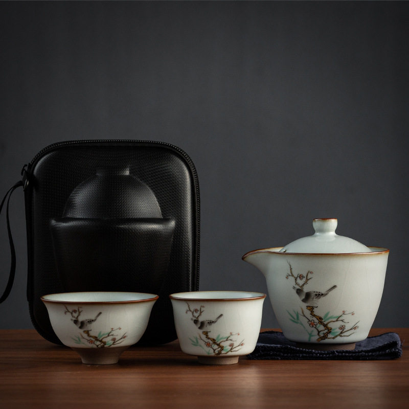 陶瓷功夫茶具户外便携式旅行茶具日式汝窑快客杯一壶二杯开片可养