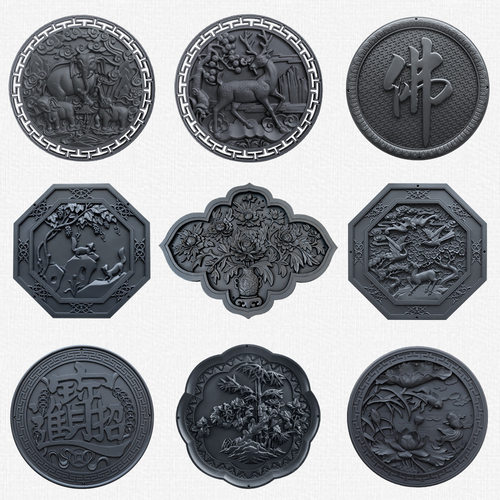 梦古深灰圆形树脂挂件大全仿砖雕中式影壁芯装饰塑料仿古墙面