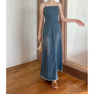 复古怀旧气质修身后开叉牛仔吊带连衣裙高腰线水洗毛边大摆