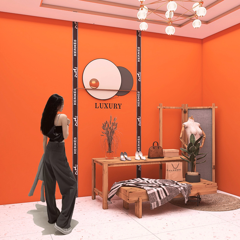 爱马仕橙色墙纸网红拍照奢侈品服装店直播背景墙轻奢风美容院