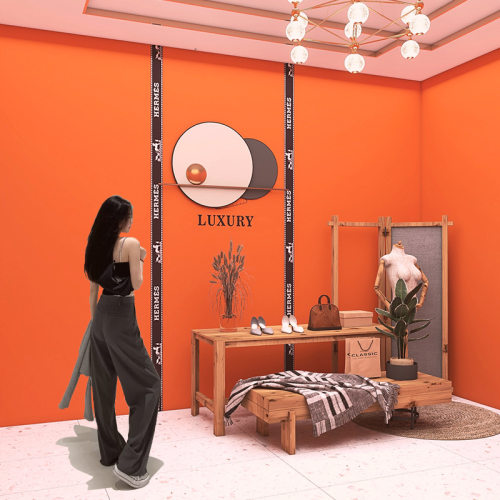 爱马仕橙色墙纸网红拍照奢侈品服装店直播背景墙轻奢风美容院