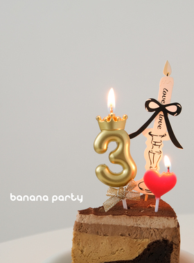 网红款香槟金丝带蝴蝶结皇冠数字结蜡烛生日蛋糕插件氛围拍照道具