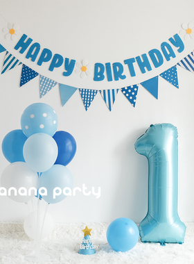 韩系ins小雏菊拉旗宝宝男孩蓝色百天周岁生日派对布置背景墙装饰