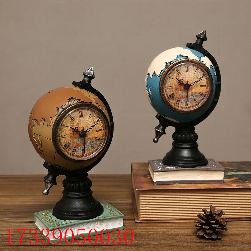 复古地球仪存钱罐带钟表创意欧式树脂摆件卧室办公室桌面装饰礼物