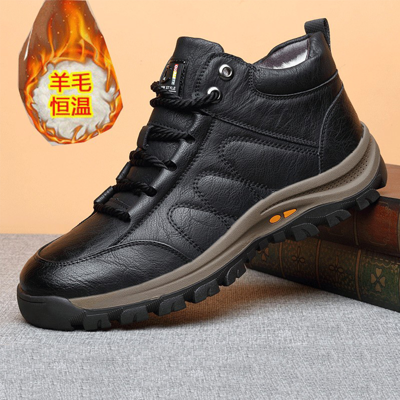 潮牌冬季新款商务高帮棉靴男加绒加厚保暖皮鞋皮毛一体防滑雪地靴