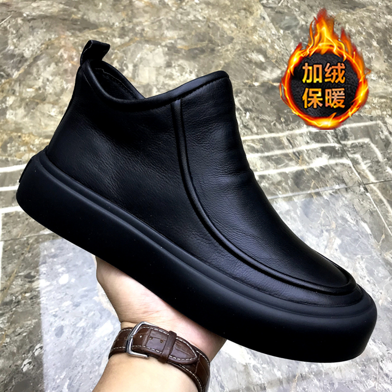 潮牌新款时尚高帮鞋男加绒保暖棉鞋潮流休闲马丁靴防滑皮鞋侧拉链