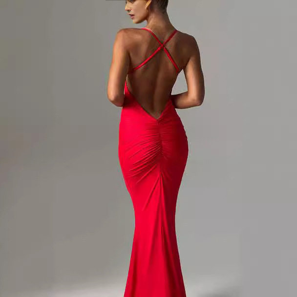 Long Dress Open Back Cross Shoulder Strap Wrap Hip Dress