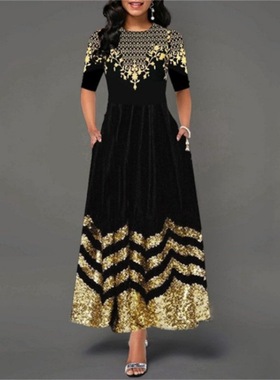 New mid-sleeve printed long dress with round neck and elegan