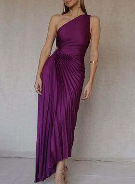 欧美紫色褶皱连衣裙百褶裙派对晚礼服 Purple sexy evening dress