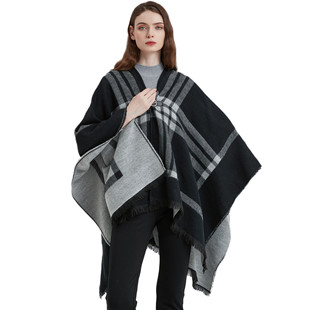 Shawl Black And White Plaid Leather Buckle Split Shawl Women