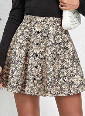 Women Leopard Print Corduroy Umbrella Skirt High Waist Side