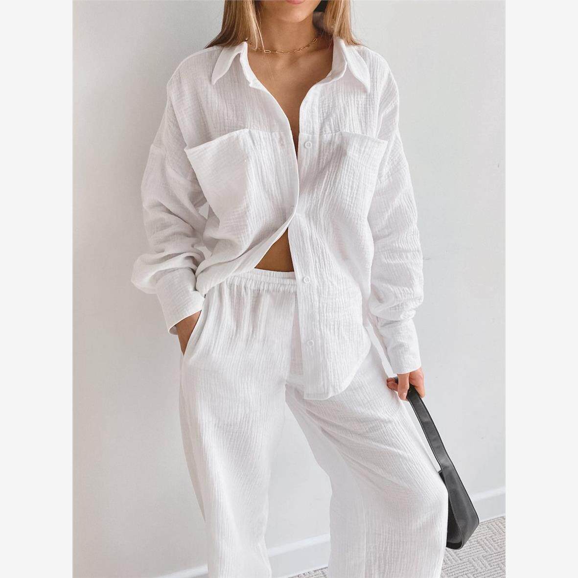 Shirt and pants set春季新款女装长袖衬衣直筒裤宽松休闲两件套