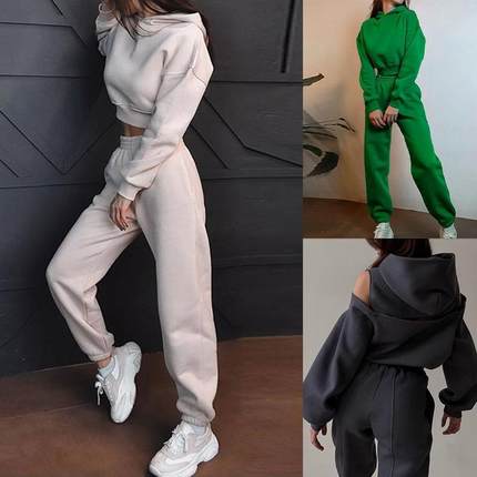 Two piece hoodie set女装2024秋季新款连帽短款卫衣束脚长裤套装