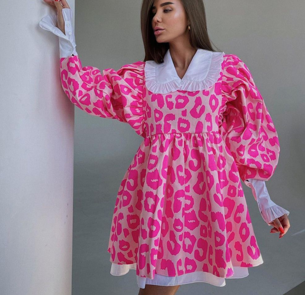 Doll Collar Print Dress 法式娃娃领灯笼袖高腰印花荷叶边连衣裙