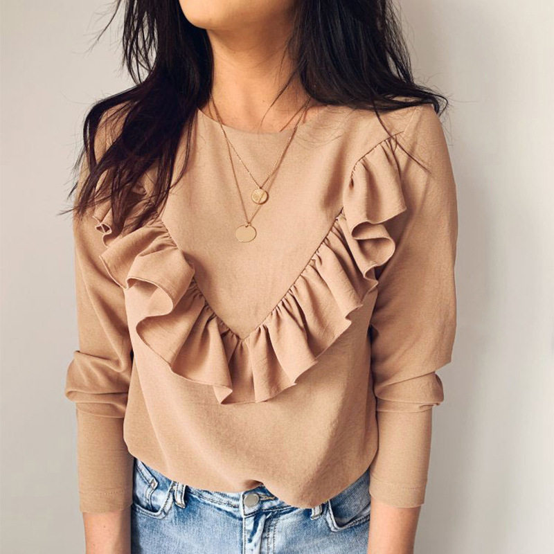 Summer ruffled solid color crew-neck long-sleeve top