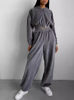 2024 women's hooded stand up collar hoodie two-piece set