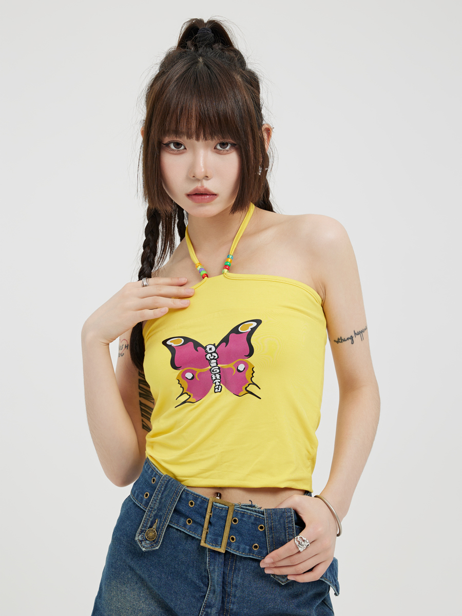 MazzyStar迷星 夏日吊帶甜酷辣妹蝴蝶印花復古串珠系帶掛脖抹胸