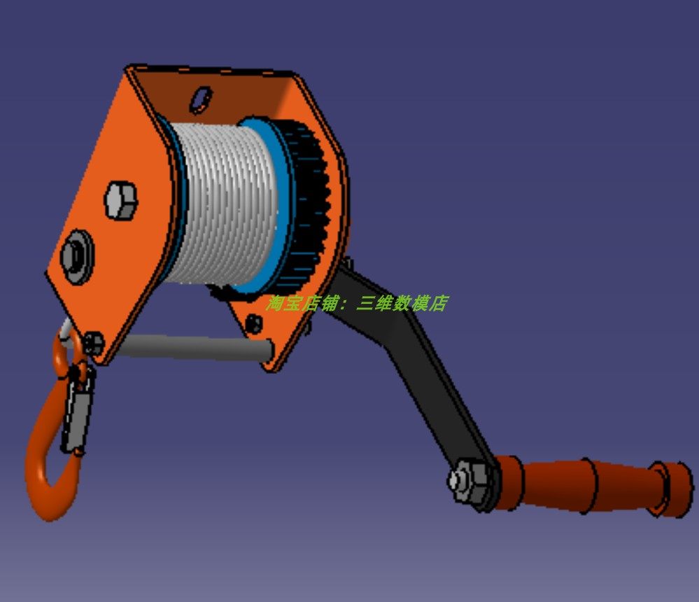手摇绞车3D三维几何数模型手柄铰链吊钩stp格式绞线绳子齿轮传动