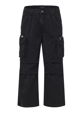 COPYPASTER  猫耳水洗做旧 复古立体口袋Cargo黑色工装裤休闲长裤