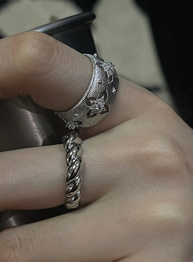 vintage中古拉丝镂空蕾丝花朵开口戒指雕花套装指环女小众可调节