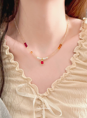 金色中古透明香槟金复古高级气质红色宝石吊坠珍珠项链串珠锁骨链