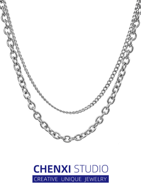 CHENXI双层项链ins冷淡风嘻哈潮酷简约锁骨链男士百搭钛钢配饰女