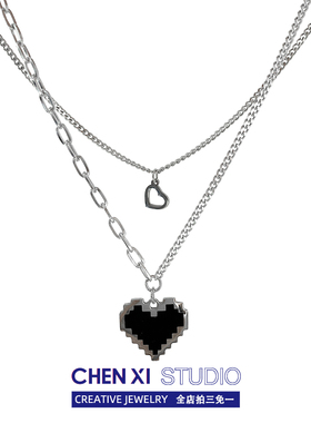 CHENXI黑色马赛克爱心像素桃心双层锁骨项链ins冷淡风嘻哈吊坠潮