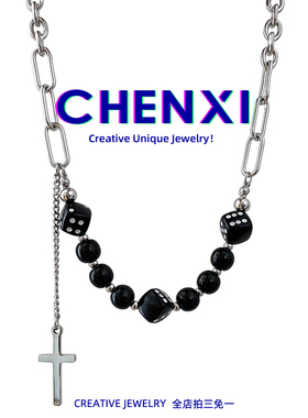 CHEN XI/ins黑白骰子项链男禁欲系气质吊坠锁骨链嘻哈潮流链子女