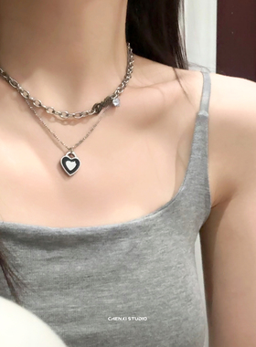 新款黑色爱心项链女双层拼接锁骨链ins冷淡风高级感脖颈链装饰品