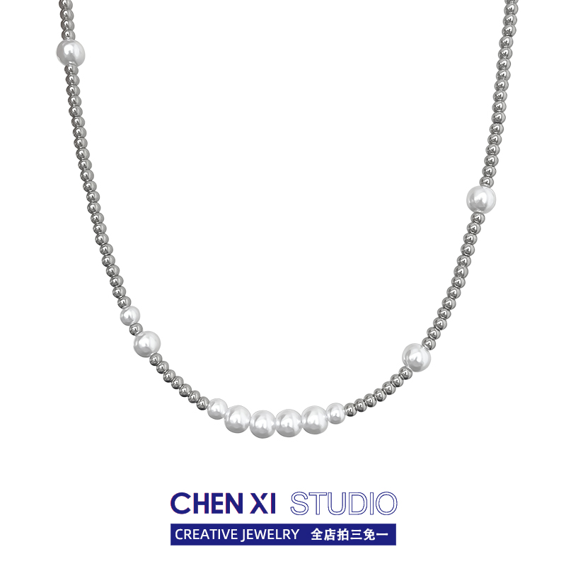 嘻哈潮酷中性珍珠项链男锁骨链
