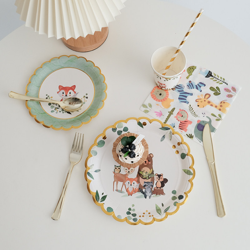 ins一次性纸盘纸杯餐具套装森系小动物主题节日装饰野餐露营聚会