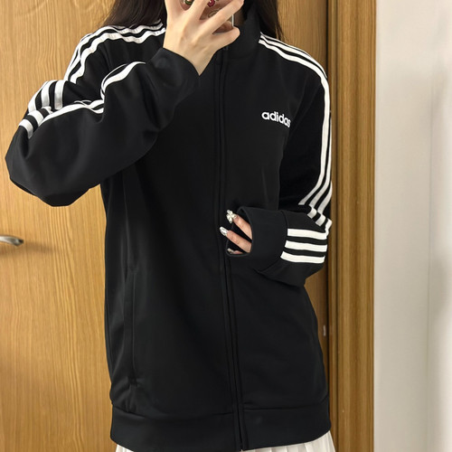 adidas ESSENTIALS 针织立领合身防风运动Logo复古条纹夹克