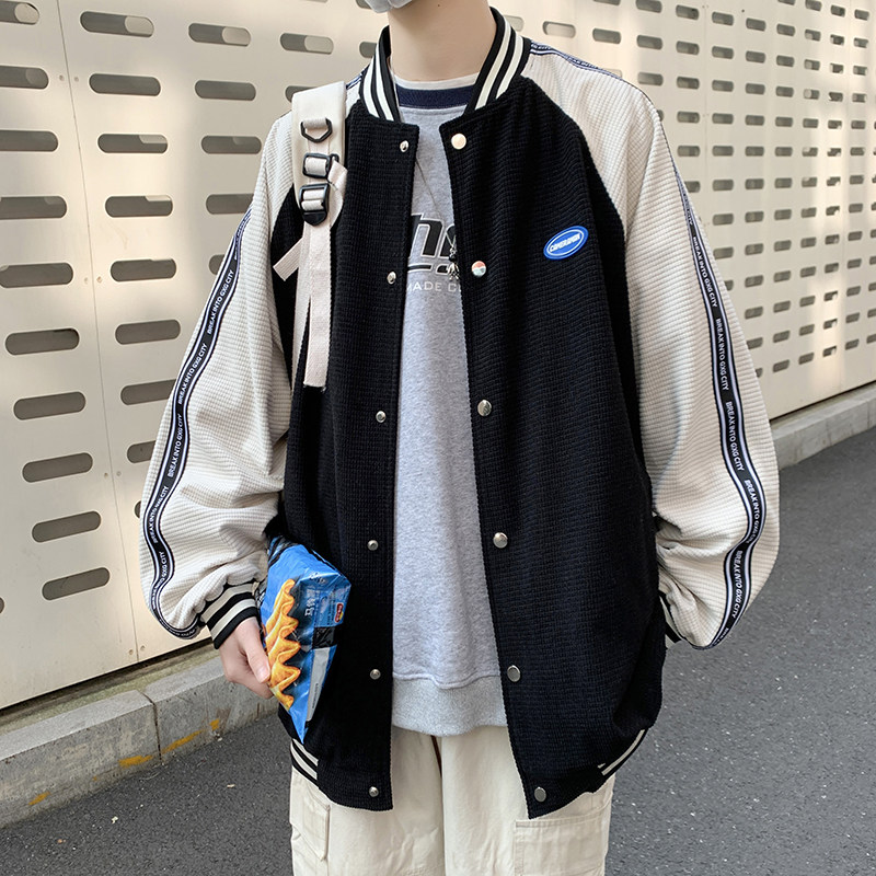 抖音供货！港风外套男宽松秋季华夫格ins潮牌撞色棒球服JK33-P88,女装短外套,电商B295