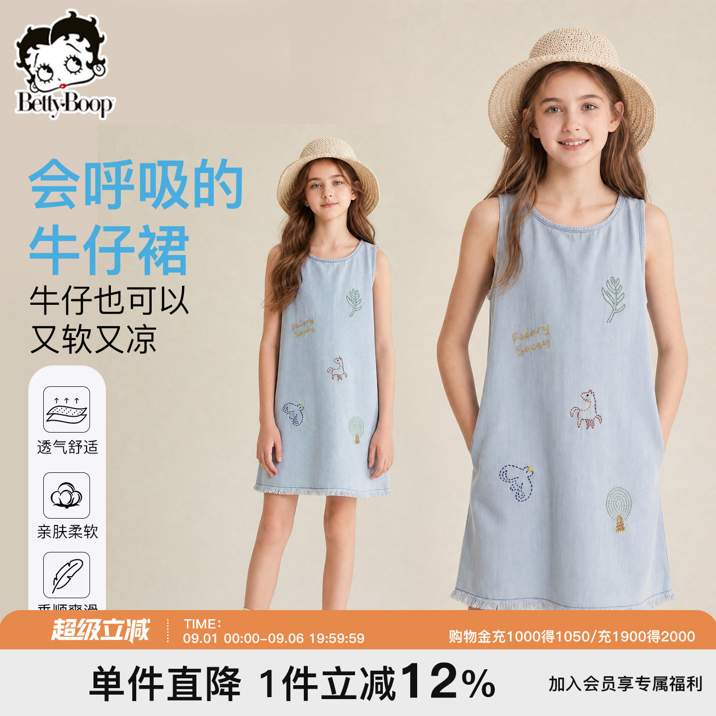 贝蒂女童童装牛仔连衣裙甜美飞袖2026夏季新款女大童儿童背心裙子图片