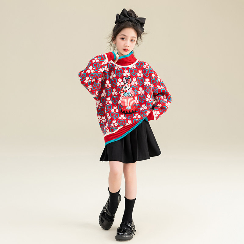 贝蒂女童加绒圣诞毛衣2026秋冬女大童打底针织衫儿童洋气时髦上衣