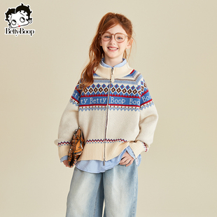 贝蒂童装女童秋冬拼色时髦开衫毛衣2026年冬季儿童大童韩版上衣