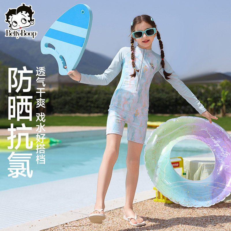 贝蒂童装女童长袖短裤休闲连体泳衣2025年夏季中大童儿童时尚泳装