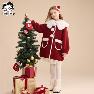 贝蒂女童秋冬娃娃领毛毛夹棉外套2026年冬季儿童大童圣诞红色上衣