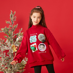 【新年系列】贝蒂女童红色加绒加厚卫衣秋冬季2026时尚儿童拜年服