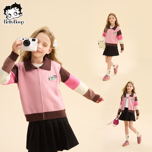 贝蒂童装女童秋冬拼色韩系开衫毛衣2026年秋季儿童大童洋气上衣